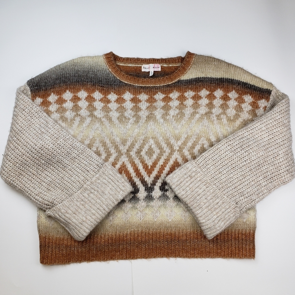 Hazel Moon Cozy sweater Tan Cream Argyle Print Size XL